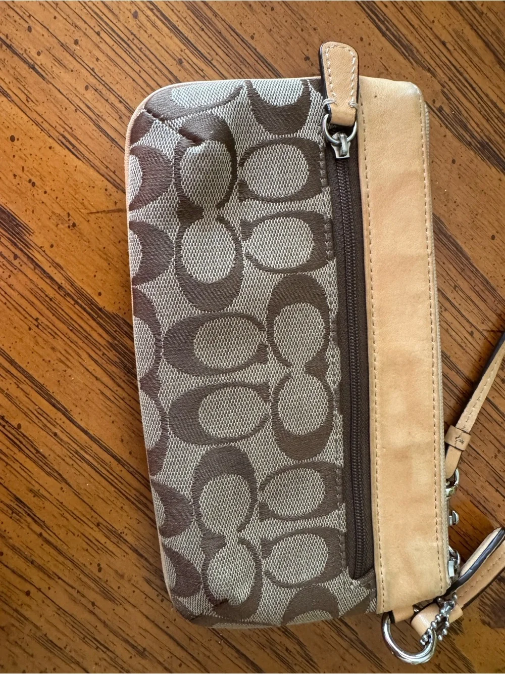 Coach Brown Signature Canvas Wristlet with Tan Leather Trim